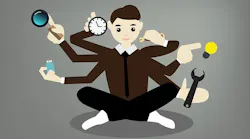 Seated man with with 6 arms each juggling a different task