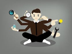 Seated man with with 6 arms each juggling a different task Seated man with with 6 arms each juggling a different task
