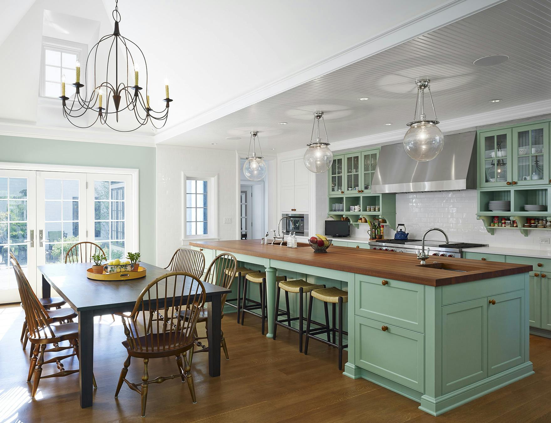 Green kitchen, large island, design