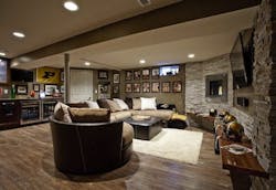 New finishes transformed one end of the basement into a bright, inviting media c New finishes transformed one end of the basement into a bright, inviting media c