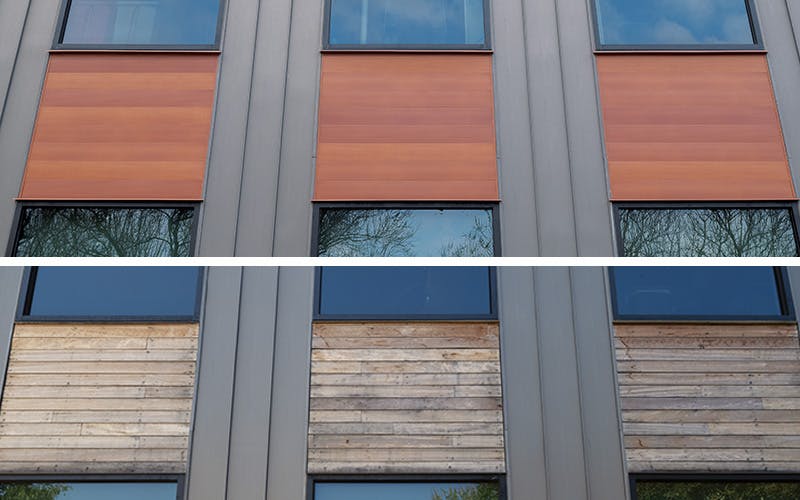 Horizontal side by side comparison of three sections of a building fa&ccedil;ade with windows above and below, top image shows warm orange metal wood panels have replaced the bottom image original warped and water damaged wood siding.