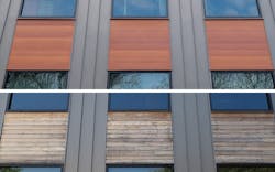 Horizontal side by side comparison of three sections of a building façade with windows above and below, top image shows warm orange metal wood panels have replaced the bottom image original warped and water damaged wood siding. Horizontal side by side comparison of three sections of a building façade with windows above and below, top image shows warm orange metal wood panels have replaced the bottom image original warped and water damaged wood siding.