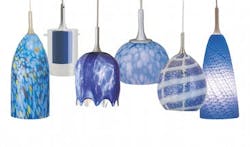 A sampling of Nora Lighting's wide variety of blue-glass pendant styles. A sampling of Nora Lighting's wide variety of blue-glass pendant styles.