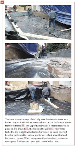 Spreading scraps of old poly over the stone to build Dry, Unvented Crawlspace Spreading scraps of old poly over the stone to build Dry, Unvented Crawlspace
