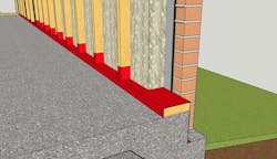 PEEL AWAY: Paint-on Membrane provides water protection for the slab. Drainage mesh with facing installed against the brick creates a water and air path. The facing stops the closed-cell polyurethane foam from blocking the mesh. Closed-cell foam provides structure to the framing and water resistance for future flooding events PEEL AWAY: Paint-on Membrane provides water protection for the slab. Drainage mesh with facing installed against the brick creates a water and air path. The facing stops the closed-cell polyurethane foam from blocking the mesh. Closed-cell foam provides structure to the framing and water resistance for future flooding events