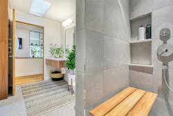 The bathroom has an extra-wide doorway which leads into a widened hallway for easier access. It was important to create a design that match the home’s classic Mid-Century modern aesthetic. The bathroom has an extra-wide doorway which leads into a widened hallway for easier access. It was important to create a design that match the home’s classic Mid-Century modern aesthetic.