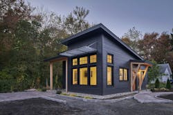 This 790-square-foot ADU in Mystic, Conn., serves as the primary residence for the property owners. It has a great open floor plan, lots of natural light, and sustainable features, such as a heat recovery ventilator, air-source heat pump, triple pane windows, large overhangs, and an induction stove. This panelized project was designed and manufactured by Unity Homes/Bensonwood in partnership with CertainTeed's One Precision Assemblies. This 790-square-foot ADU in Mystic, Conn., serves as the primary residence for the property owners. It has a great open floor plan, lots of natural light, and sustainable features, such as a heat recovery ventilator, air-source heat pump, triple pane windows, large overhangs, and an induction stove. This panelized project was designed and manufactured by Unity Homes/Bensonwood in partnership with CertainTeed's One Precision Assemblies.