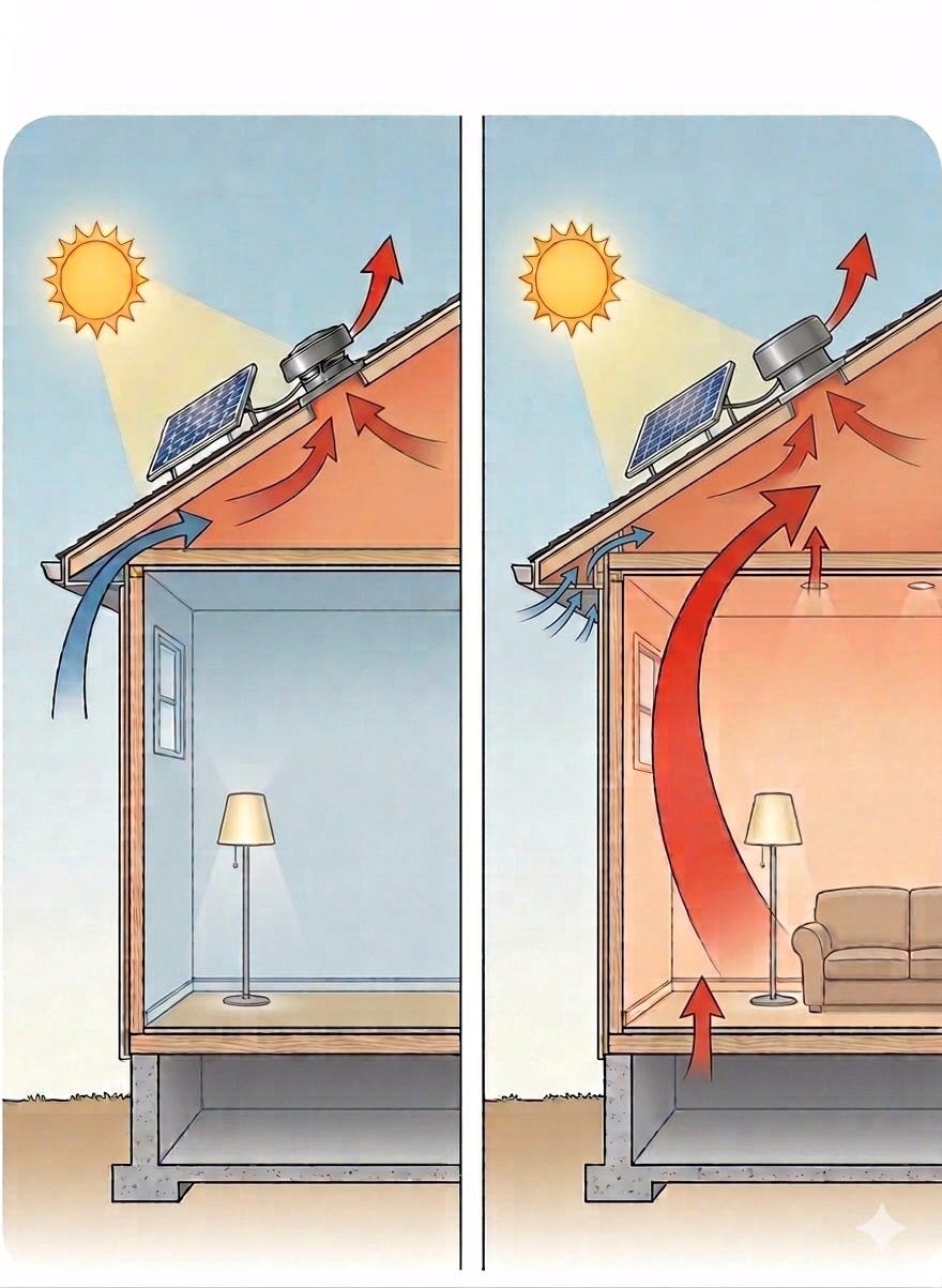 The Idea does not always align with reality when predicting physics. In theory, when the sun is out and the attic is hot, a solar-powered fan will pull air from the soffit vents and push hot air out of the attic. But air doesn't always follow the arrows, instead pulling (proportionally) from the path of least resistance. IOW, if there are leaks in the ceiling and the soffit vents are obstructed, you'll pull air-conditioned air from the living space to cool the attic.