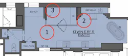 The floor plans emphasize all of the smaller, semi-private areas contained within the bathroom.