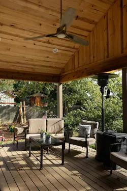 Another special detail was incorporated into the back porch (E on the floor plan). Only one hickory tree on the wooded lot was felled due to construction, and its wood was milled and installed on the porch ceiling.